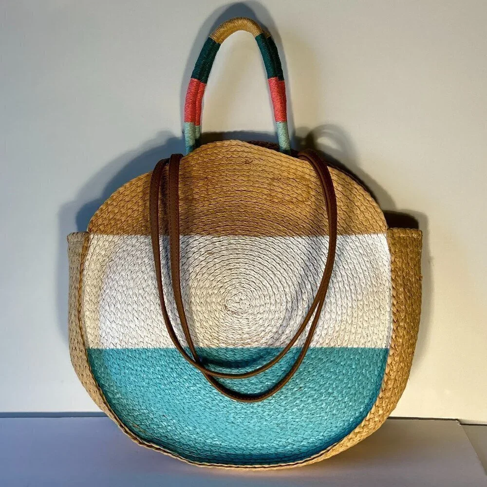 Round Rattan Woven Large Tote Bag Bright Trim resort beach summer vacation